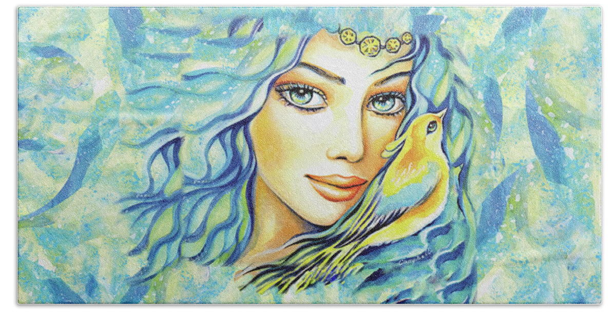Bird Fairy Beach Towel featuring the painting Bird of Secrets by Eva Campbell