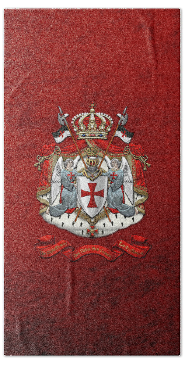 'ancient Brotherhoods' Collection By Serge Averbukh Beach Towel featuring the digital art Knights Templar - Coat of Arms over Red Velvet by Serge Averbukh