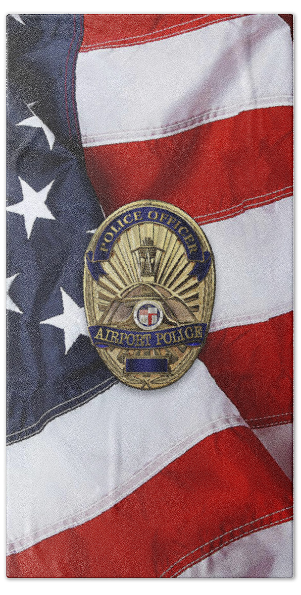 'law Enforcement Insignia & Heraldry' Collection By Serge Averbukh Beach Towel featuring the digital art Los Angeles Airport Police Division - L A X P D Police Officer Badge over American Flag by Serge Averbukh