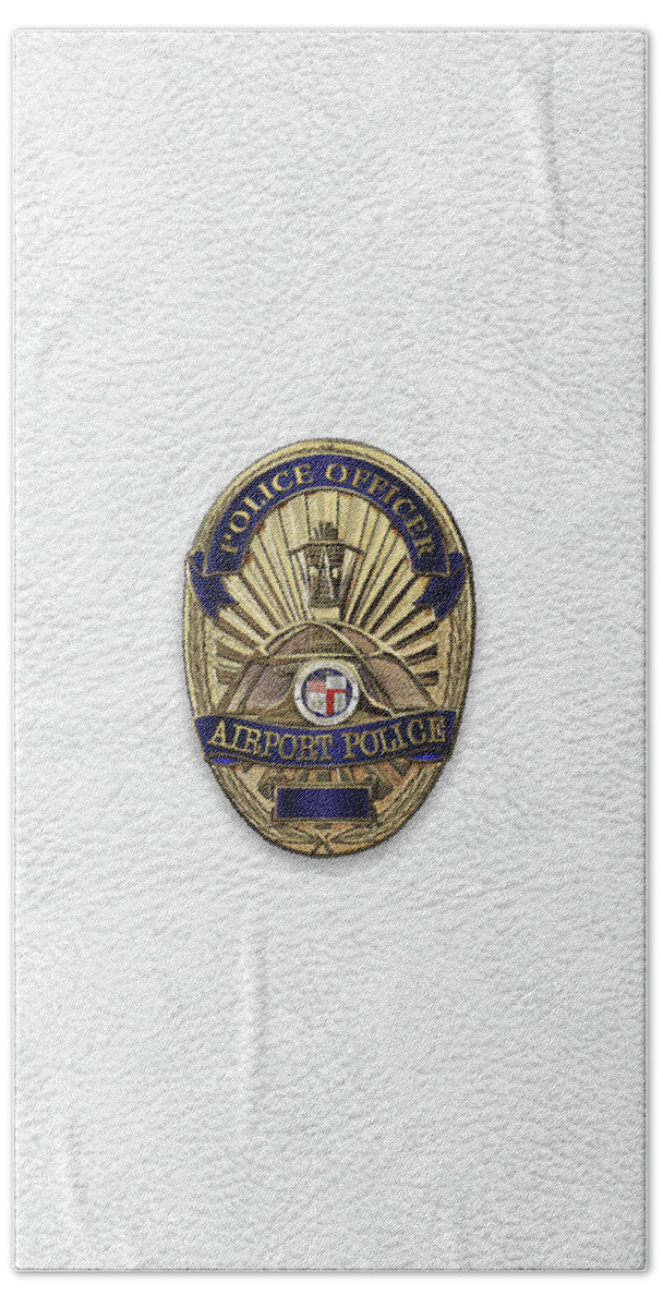 'law Enforcement Insignia & Heraldry' Collection By Serge Averbukh Beach Towel featuring the digital art Los Angeles Airport Police Division - L A X P D Police Officer Badge over White Leather by Serge Averbukh