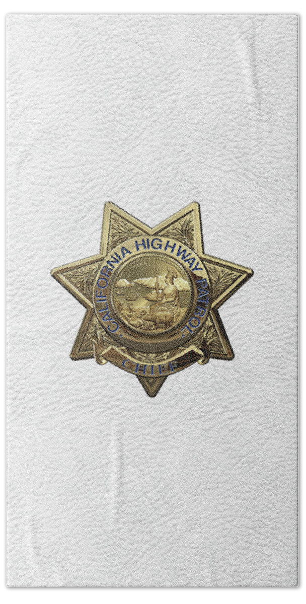 'law Enforcement Insignia & Heraldry' Collection By Serge Averbukh Beach Towel featuring the digital art California Highway Patrol - C H P Chief Badge over White Leather by Serge Averbukh