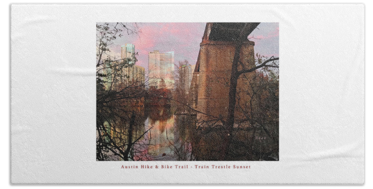 Triptych Beach Sheet featuring the photograph Austin Hike and Bike Trail - Train Trestle 1 Sunset Middle Greeting Card Poster - Over Lady Bird Lak by Felipe Adan Lerma