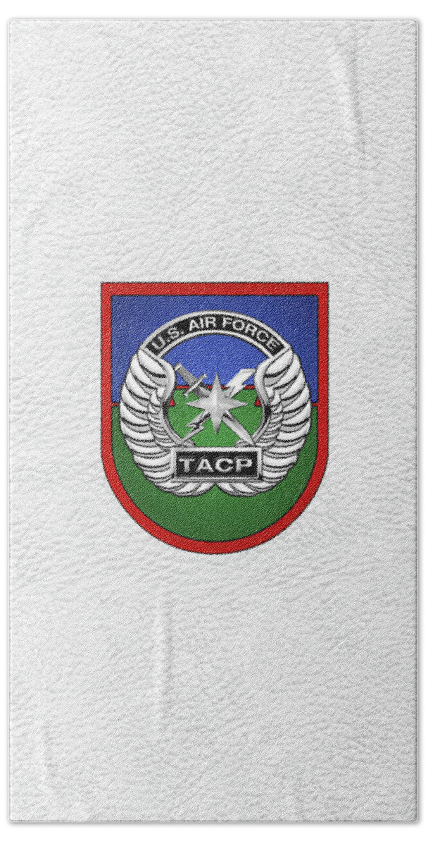 'military Insignia & Heraldry' Collection By Serge Averbukh Beach Towel featuring the digital art U. S. Air Force Tactical Air Control Party - T A C P Beret Flash With Crest over White Leather by Serge Averbukh