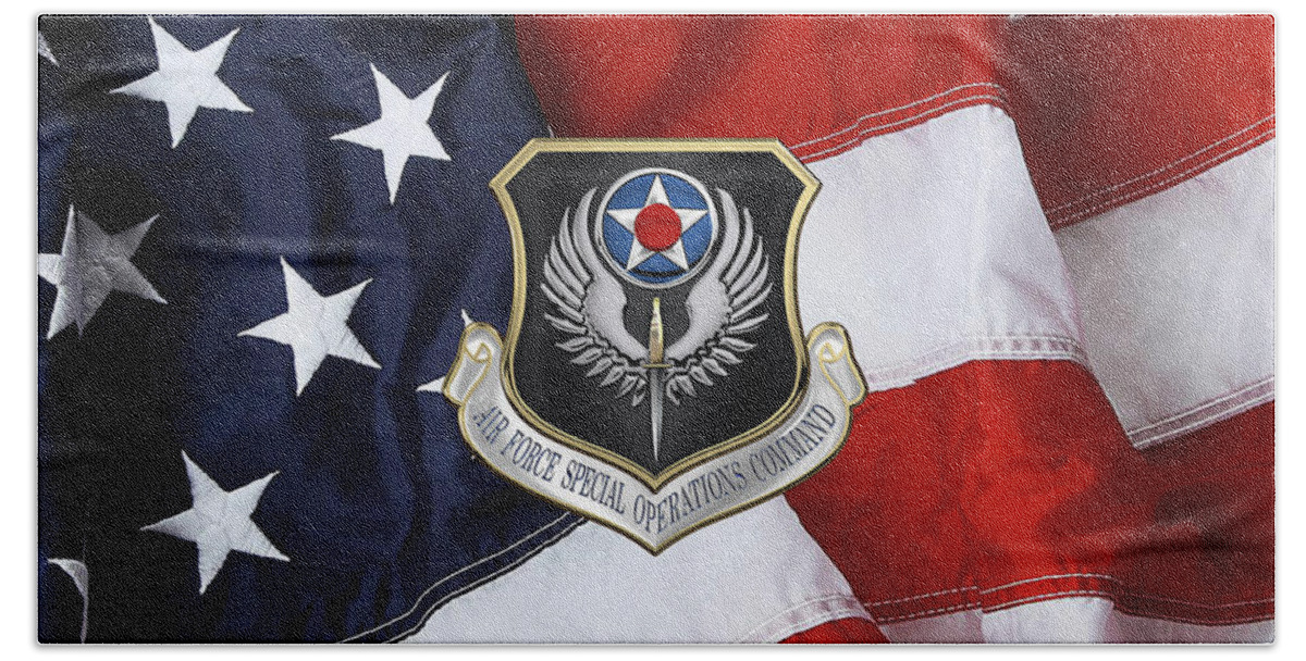 'military Insignia & Heraldry' Collection By Serge Averbukh Beach Sheet featuring the digital art Air Force Special Operations Command - A F S O C Shield over American Flag by Serge Averbukh