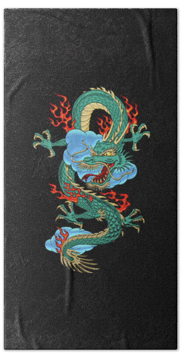 'treasures Of China' Collection By Serge Averbukh Beach Towel featuring the digital art The Great Dragon Spirits - Turquoise Dragon on Black Silk by Serge Averbukh