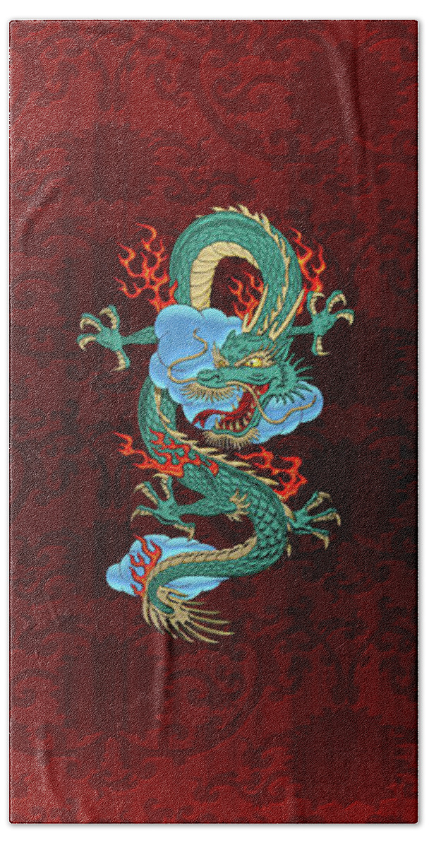 'treasures Of China' Collection By Serge Averbukh Beach Sheet featuring the digital art The Great Dragon Spirits - Turquoise Dragon on Red Silk by Serge Averbukh