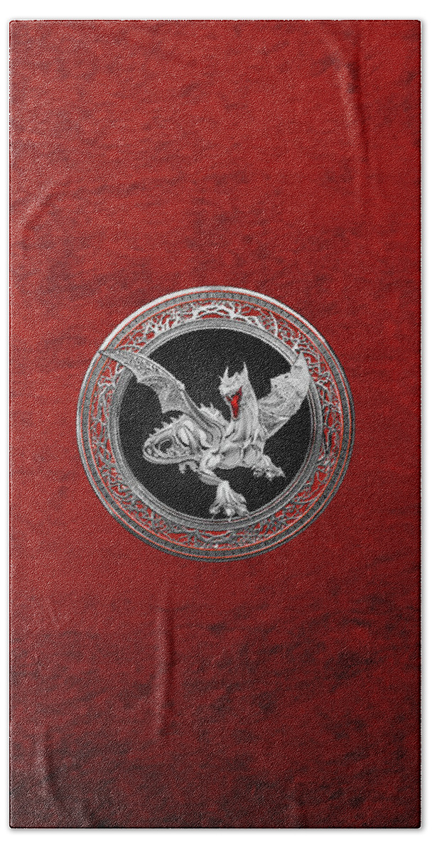'the Great Dragon Spirits' Collection By Serge Averbukh Beach Towel featuring the digital art Silver Guardian Dragon over Red Velvet by Serge Averbukh