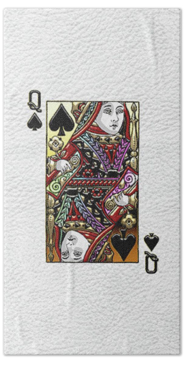 'gamble' Collection By Serge Averbukh Beach Towel featuring the digital art Queen of Spades over White Leather by Serge Averbukh