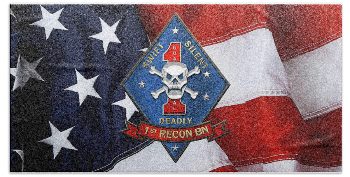 'military Insignia & Heraldry' Collection By Serge Averbukh Beach Towel featuring the digital art U S M C 1st Reconnaissance Battalion - 1st Recon Bn Insignia over American Flag by Serge Averbukh