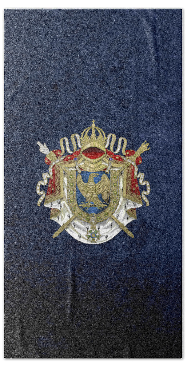 'napoleon Bonaparte' Collection By Serge Averbukh Beach Towel featuring the digital art Greater Coat of Arms of the First French Empire over Blue Velvet by Serge Averbukh