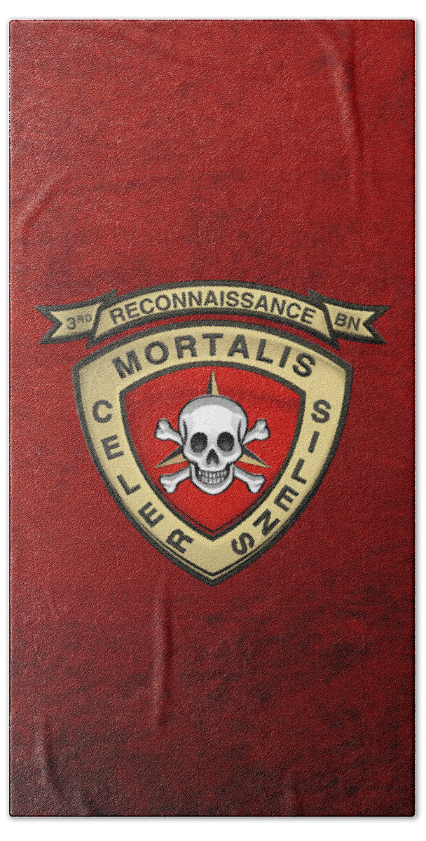 'military Insignia & Heraldry' Collection By Serge Averbukh Beach Towel featuring the digital art U S M C 3rd Reconnaissance Battalion - 3rd Recon Bn Insignia over Red Velvet by Serge Averbukh