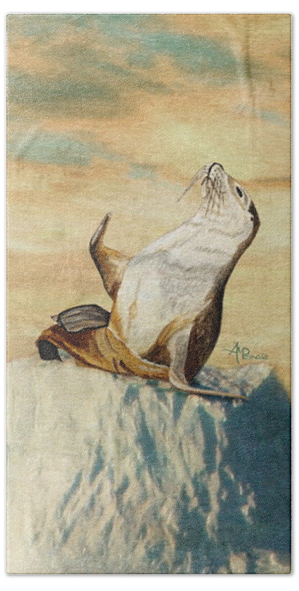 Sea Lion Beach Towel featuring the painting Greetings From The Arctic by Angeles M Pomata