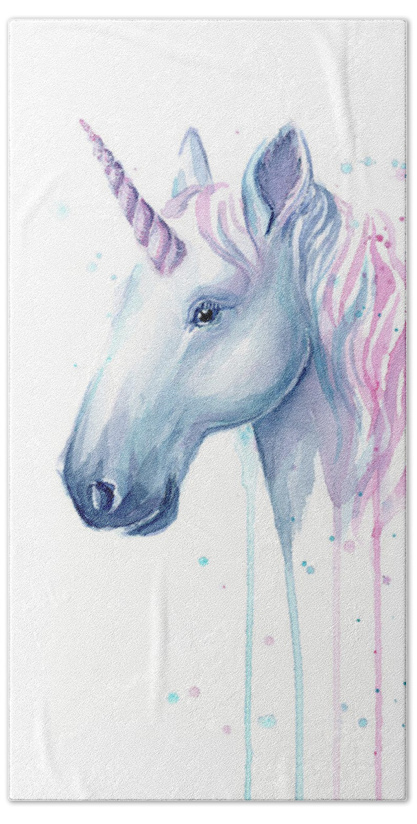 Unicorn Beach Towel featuring the painting Cotton Candy Unicorn by Olga Shvartsur