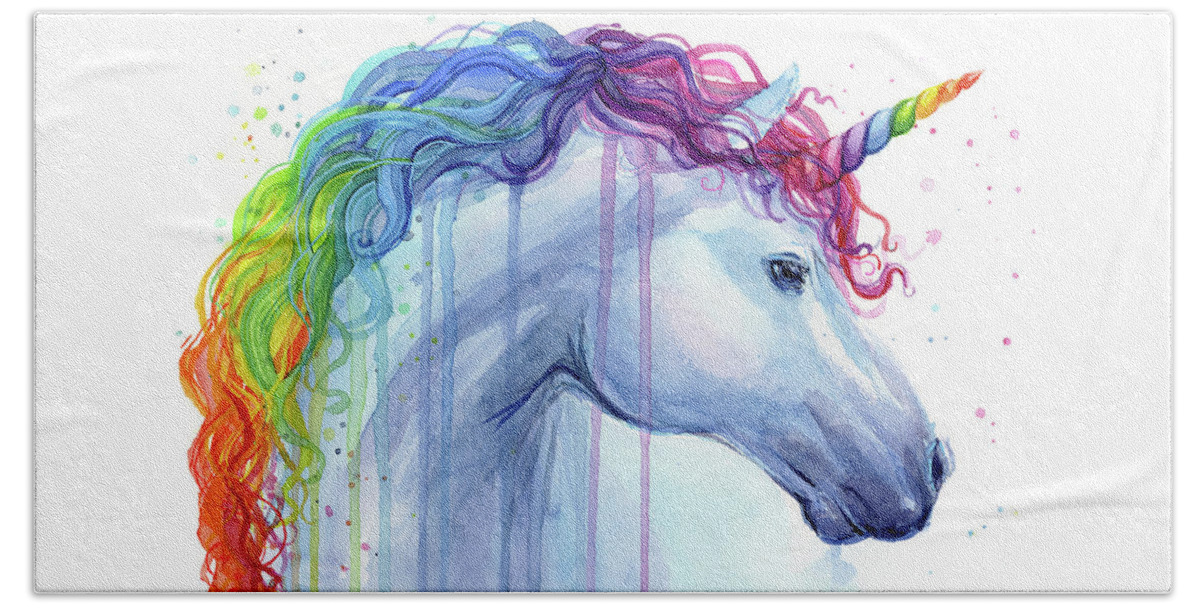 Unicorn Beach Towel featuring the painting Rainbow Unicorn Watercolor by Olga Shvartsur