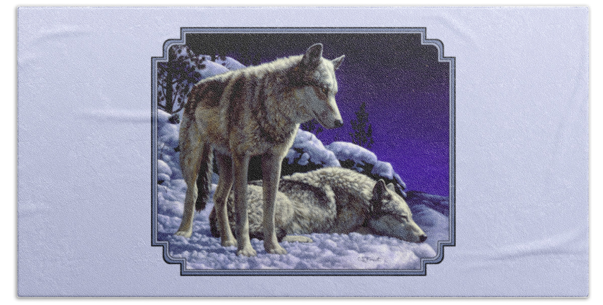 Wolf Beach Towel featuring the painting Wolf Painting - Night Watch by Crista Forest