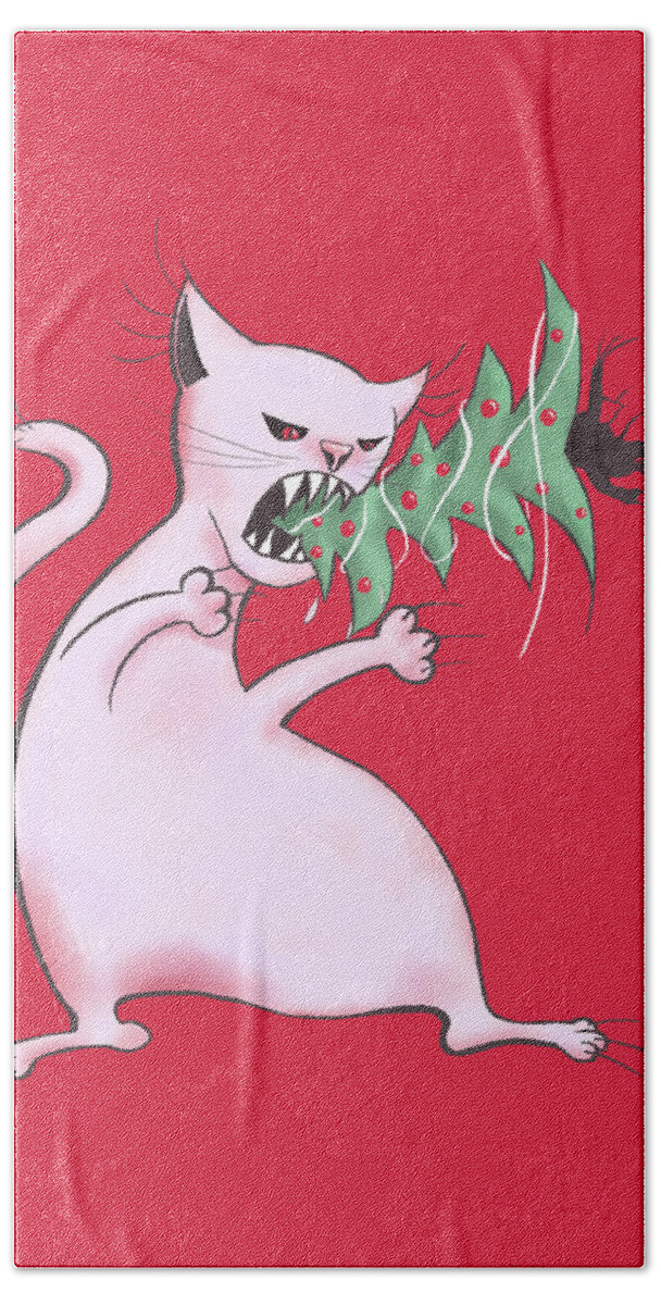 Tree Beach Towel featuring the digital art Funny White Cat Eats Christmas Tree by Boriana Giormova