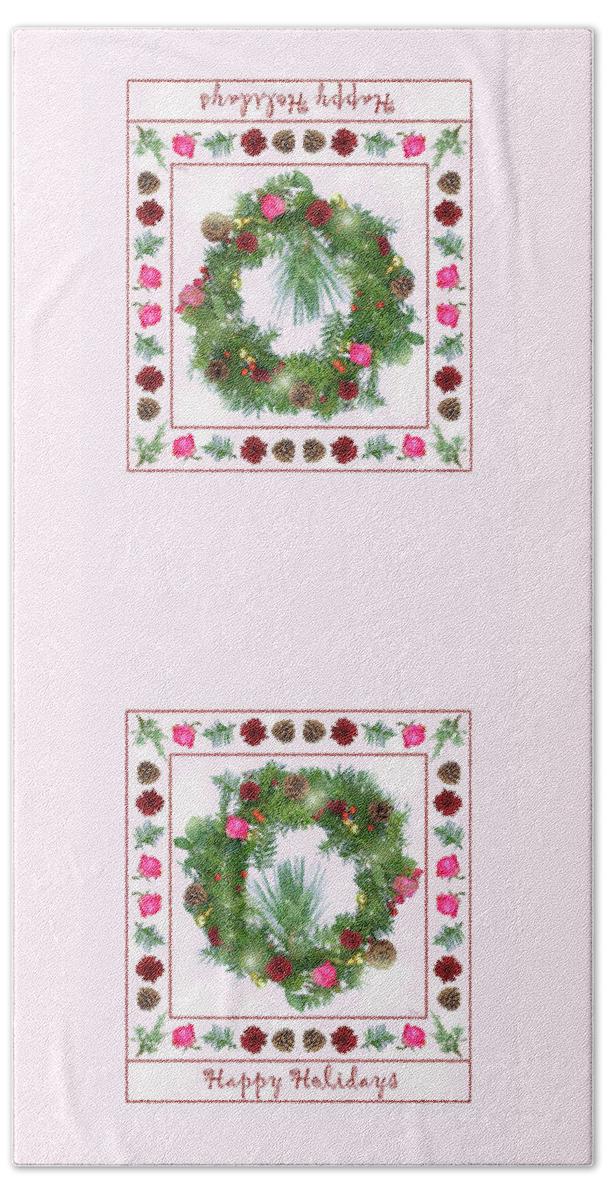 Lise Winne Beach Towel featuring the digital art Holiday Wreath with Roses and Carnations by Lise Winne