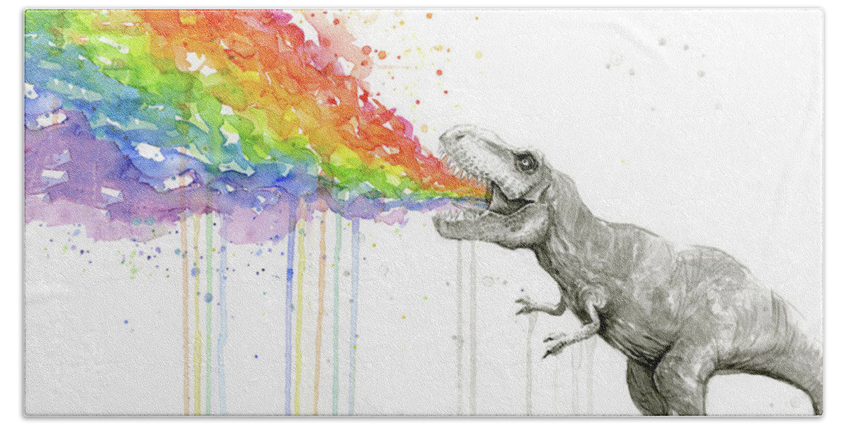 T-rex Beach Towel featuring the painting T-Rex Tastes the Rainbow by Olga Shvartsur
