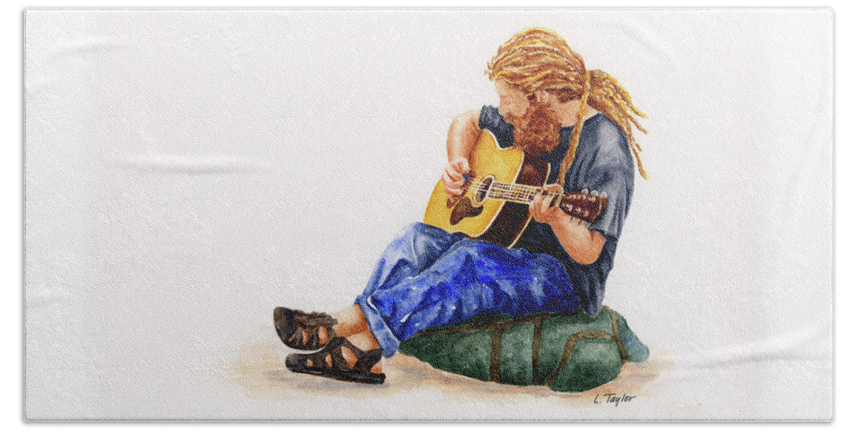 Musician Beach Towel featuring the painting Main Street Minstrel 2 by Lori Taylor