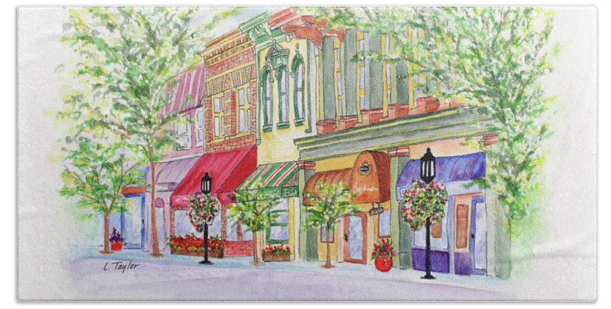 Ashland Oregon Beach Towel featuring the painting Plaza Shops by Lori Taylor