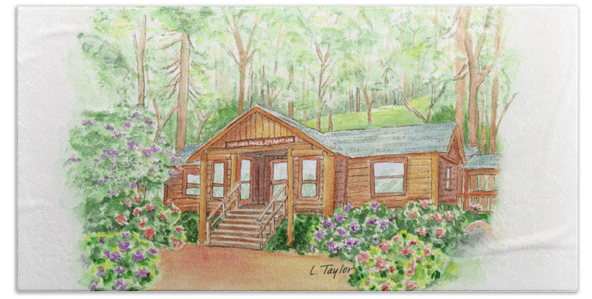 Log Cabin Beach Towel featuring the painting Office in the Park by Lori Taylor