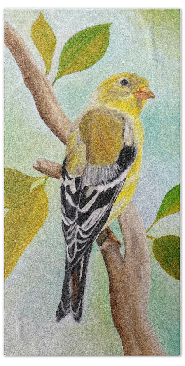 American Goldfinch Beach Towel featuring the painting Pretty American Goldfinch by Angeles M Pomata