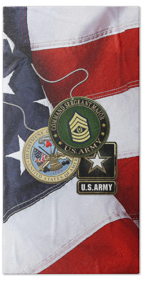 Military Insignia & Heraldry Collection By Serge Averbukh Beach Towel featuring the digital art U. S. Army Command Sergeant Major - C S M Rank Insignia with Army Seal and Logo over American Flag by Serge Averbukh