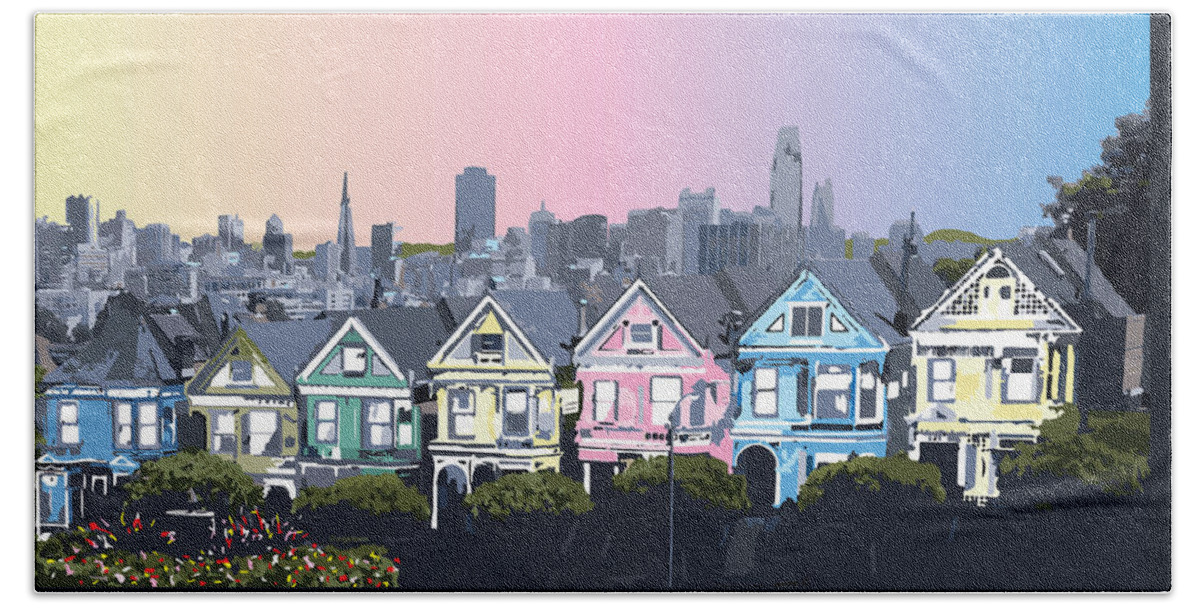 San Francisco Beach Towel featuring the digital art San Francisco, California Painted Ladies Houses by Inge Lewis