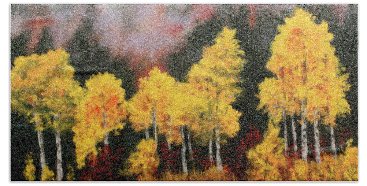 Landscape Beach Towel featuring the painting Aspens and Mist by Sandi Snead