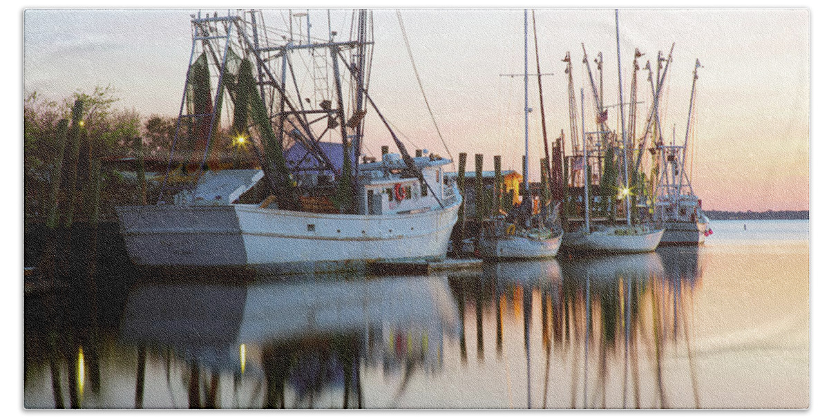 Mt. Pleasant Beach Towel featuring the photograph At Rest - Shem Creek by Donnie Whitaker