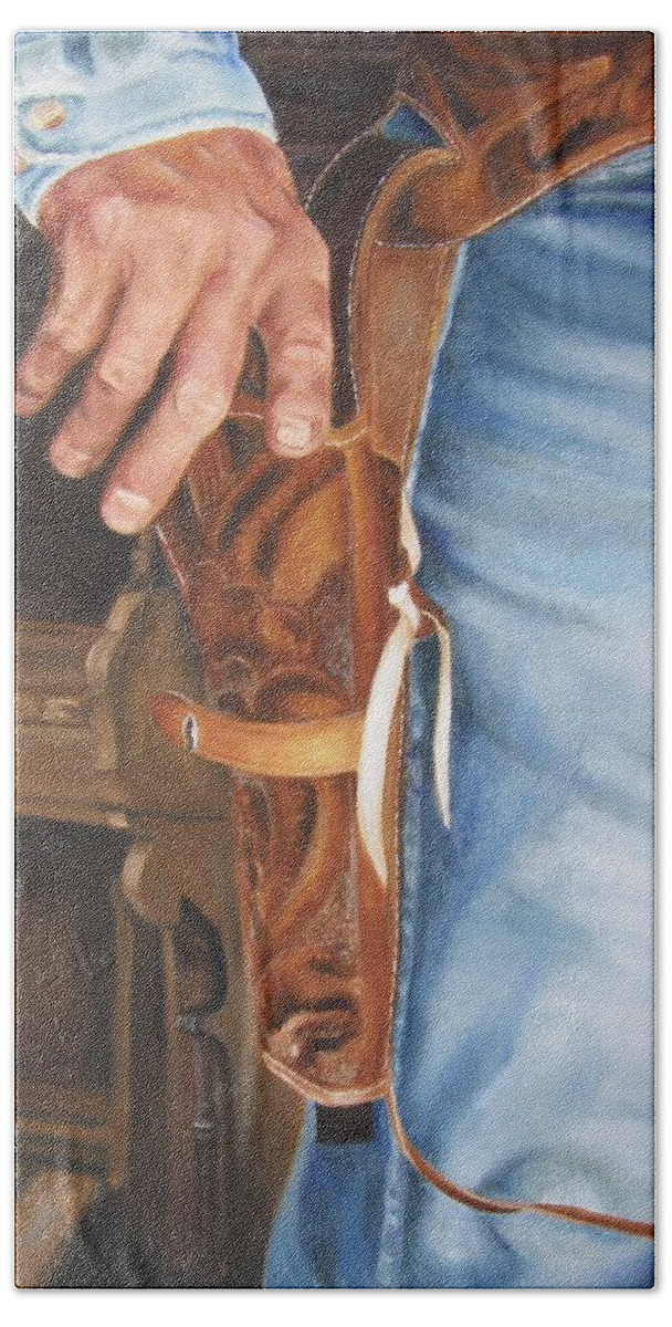 Cowboy Beach Sheet featuring the painting At the Ready by Lori Brackett