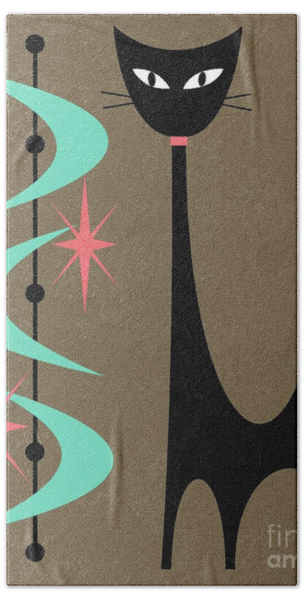 Mid Century Modern Beach Towel featuring the digital art Atomic Cat Aqua and Pink by Donna Mibus