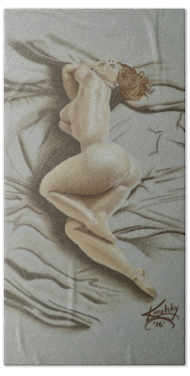 Nude; Art; Artwork; Pastel Pencil; Drawing Beach Sheet featuring the drawing Au Naturel by Edward Kovalsky