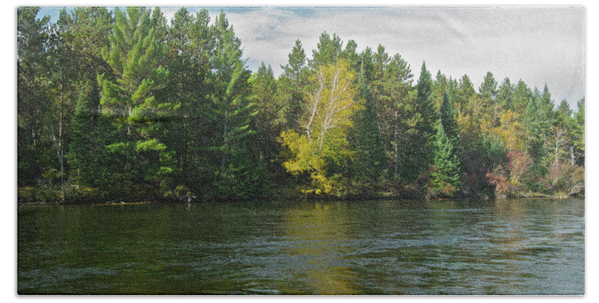 River Ausable Au Sable Mist Trees Fall Autumn Clouds Sky. Alcona County Michigan Reflections Nature Ripples Mgp Photography Michael Peychich Beach Towel featuring the photograph Au Sable River 9804 by Michael Peychich