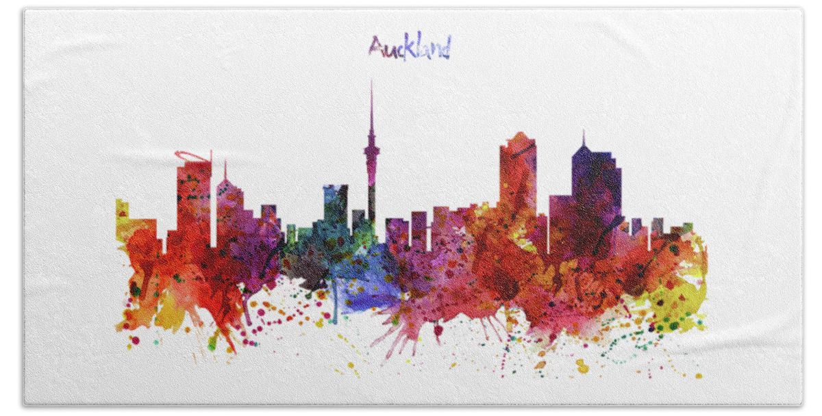 Marian Voicu Beach Towel featuring the painting Auckland Watercolor Skyline by Marian Voicu