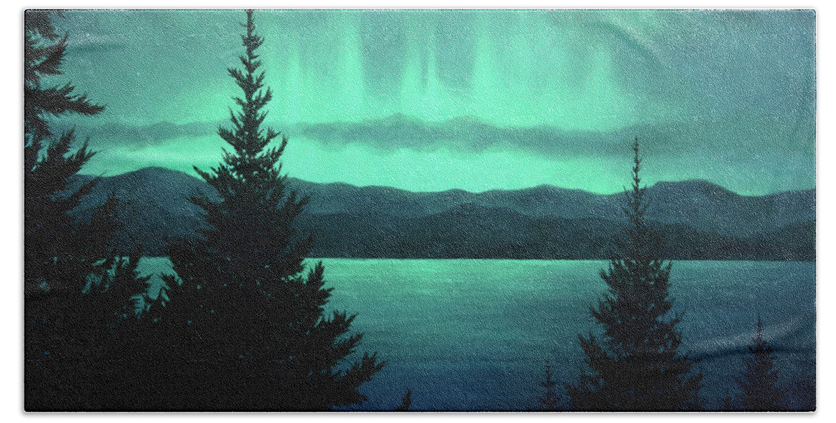 Aurora Beach Towel featuring the painting Aurora Over Lake Pend Oreille by Lucy West