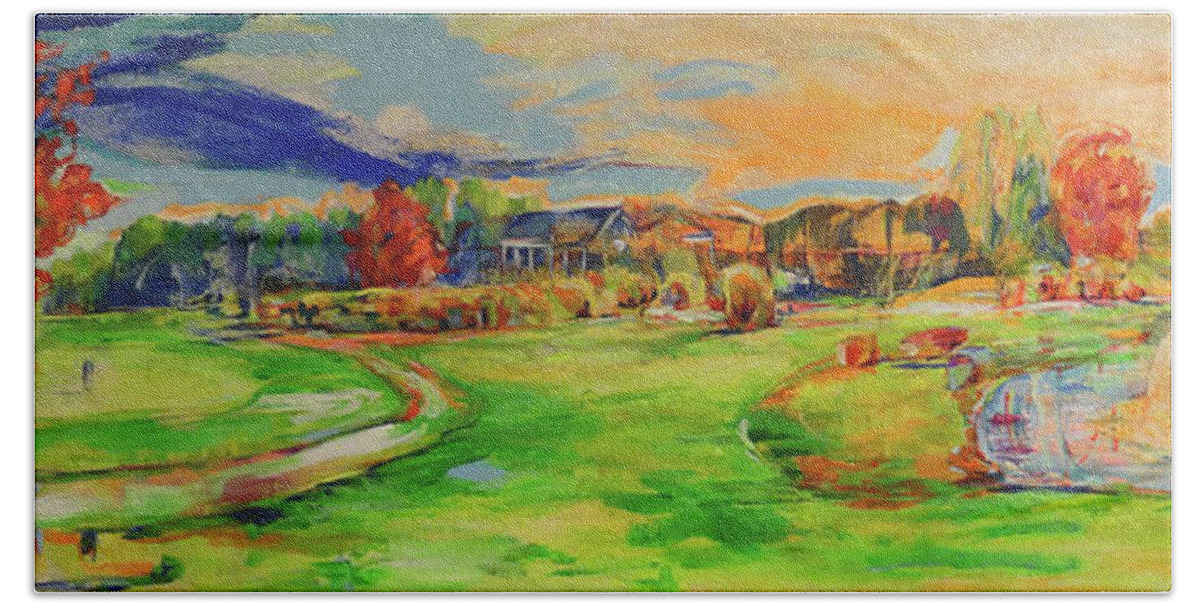 Golf Beach Sheet featuring the painting Aussicht auf das Clubhaus vom Fairway  View of the Clubhouse from the fairway by Koro Arandia