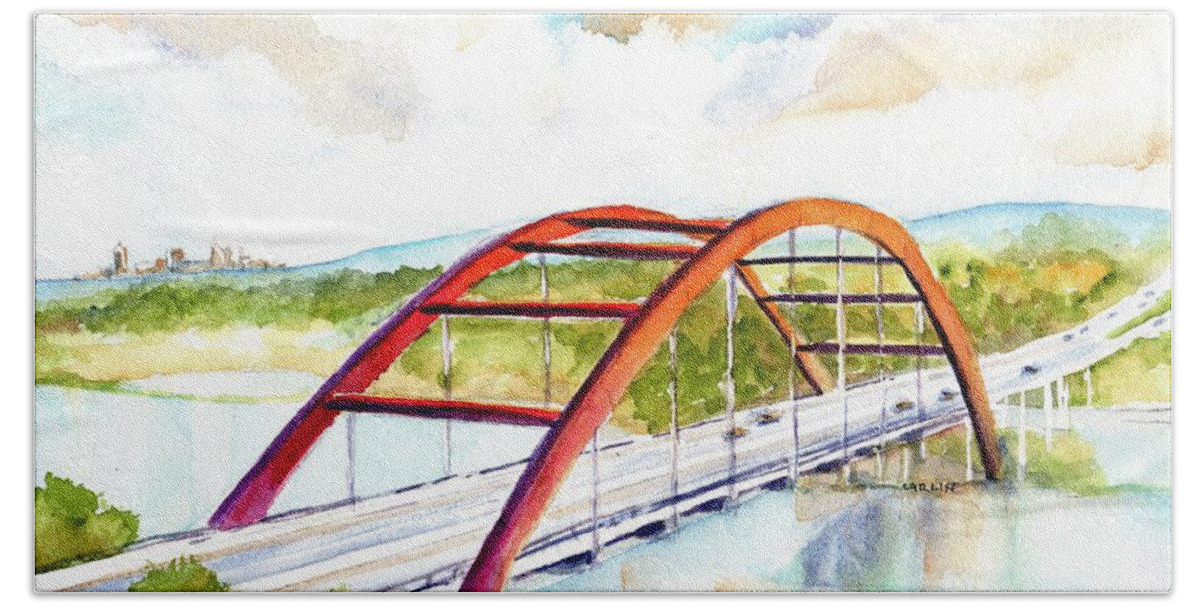 Bridge Beach Towel featuring the painting Austin 360 Bridge - Pennybacker by Carlin Blahnik CarlinArtWatercolor