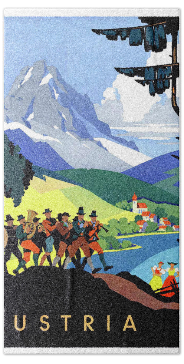 Austria Beach Towel featuring the painting Austria mountains, musicians on picnic by Long Shot