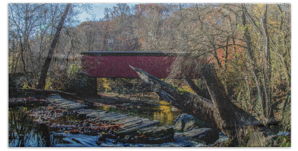 Autumn Beach Towel featuring the photograph Autumn Along the Wissaickon Creek at Thomas Covered Bridge by Bill Cannon