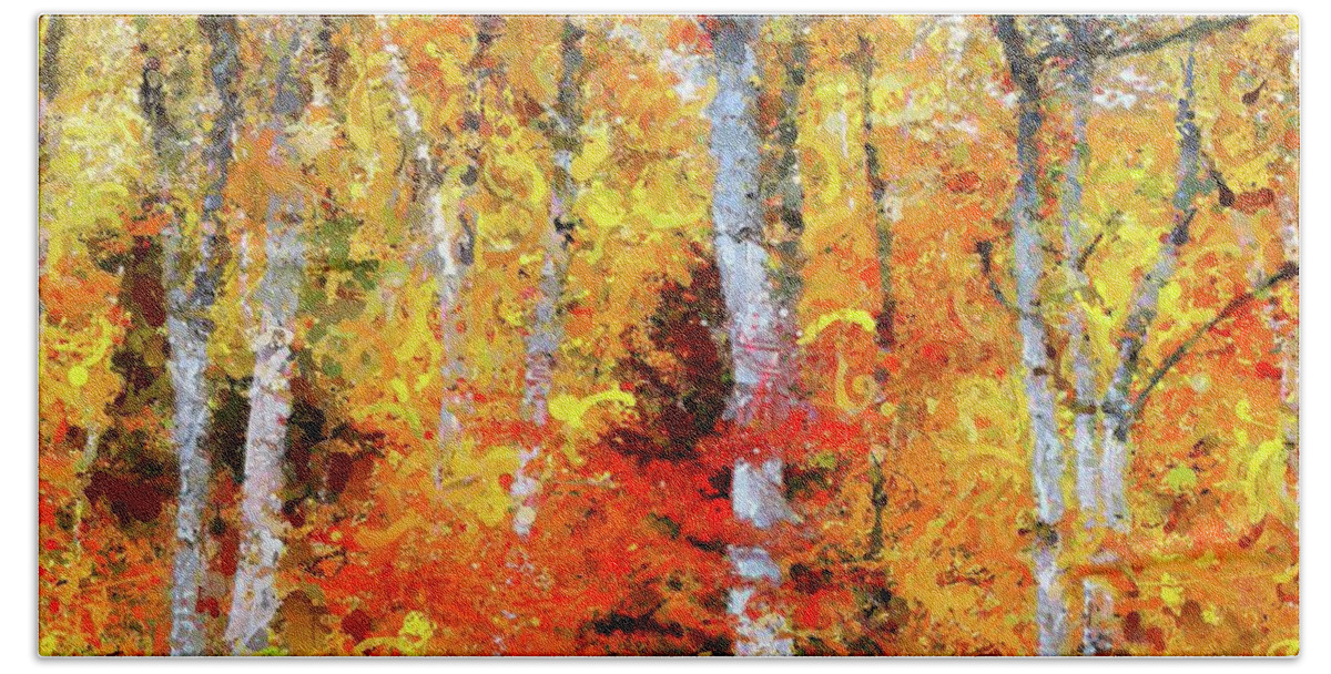 Abstract Art Beach Towel featuring the painting Autumn Birches by Dragica Micki Fortuna