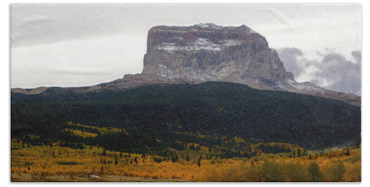 Autumn Beach Towel featuring the photograph Autumn Chief Mountain, Square View by Tracey Vivar
