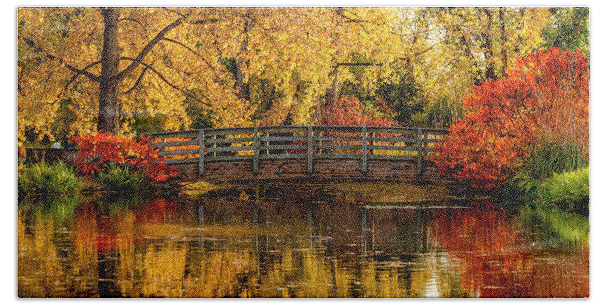 Hudson Gardens Beach Towel featuring the photograph Autumn Color by the Pond by Teri Virbickis