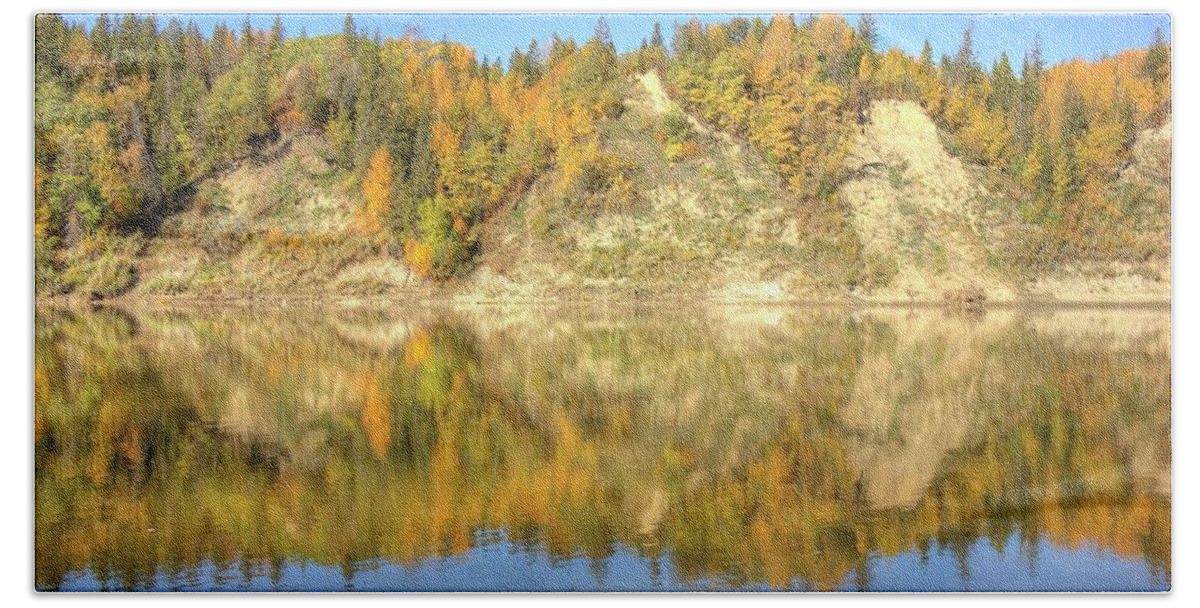 Autumn Beach Sheet featuring the photograph Autumn Colors on the North Saskatchewan River by Jim Sauchyn