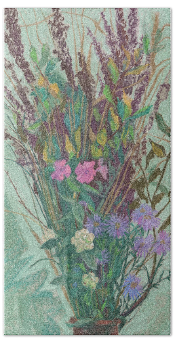 Original Art Beach Towel featuring the pastel Autumn flowers by Julia Khoroshikh
