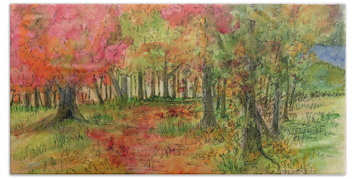 Watercolor Beach Towel featuring the drawing Autumn Forest Watercolor Illustration by Laurie Rohner
