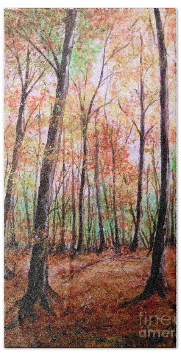 Landscape Beach Towel featuring the painting Autumn Forrest by Lizzy Forrester
