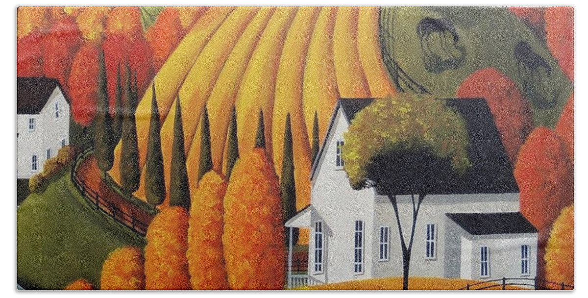 Landscape Beach Towel featuring the painting Autumn Glory - country modern landscape by Debbie Criswell
