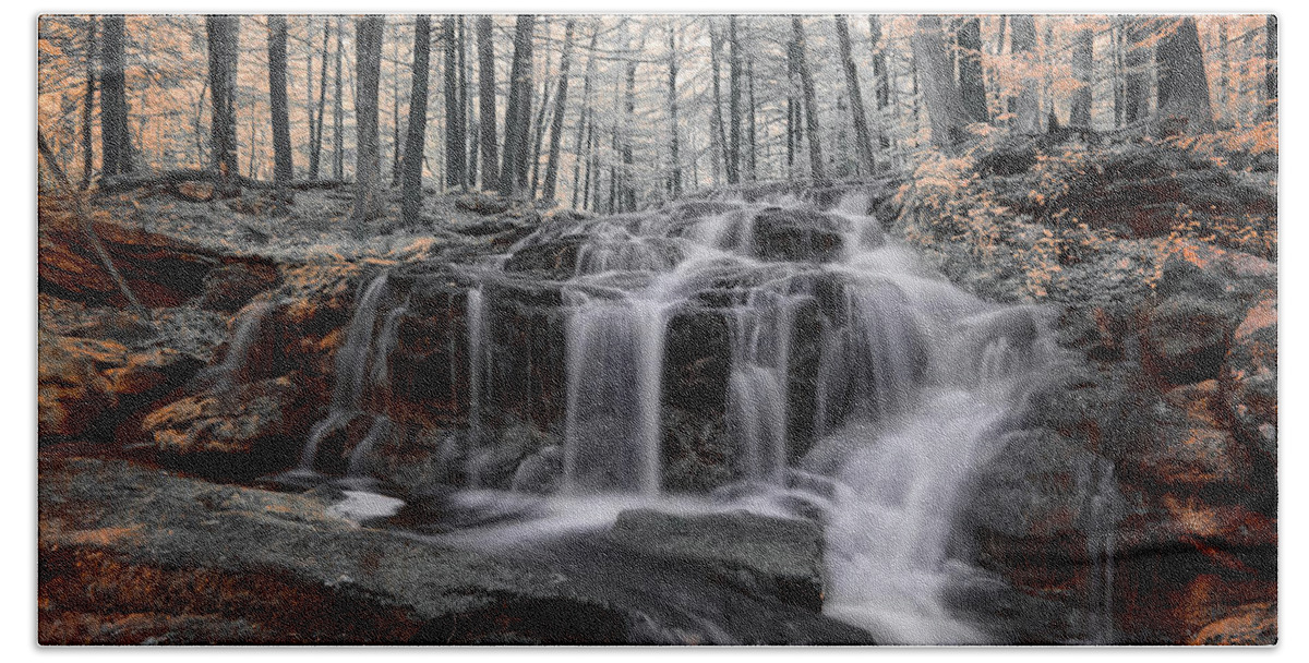 Tucker Brook Falls Milford Nh New Hampshire England U.s.a. Usa Outside Outdoors Full Spectrum Fullspectrum Spring Ir Infrared Infra Red Nature Natural Water Fall Waterfall Longexposure Long Exposure Trees Forest Secluded Favorite Beach Towel featuring the photograph Autumn in Spring Infrared by Brian Hale