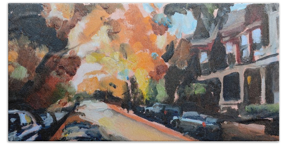 Fan Beach Towel featuring the painting Autumn in The Fan District Richmond Virginia by Donna Tuten